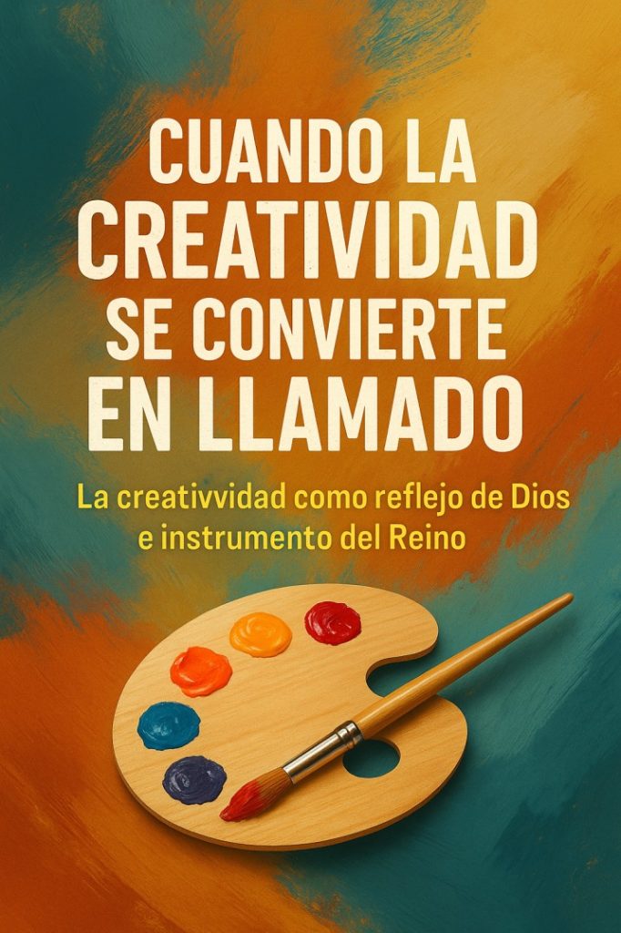 Paleta de pintor con colores vibrantes y pincel, sobre fondo de pinceladas artísticas en naranja y turquesa, con texto en español sobre creatividad como llamado divino.
