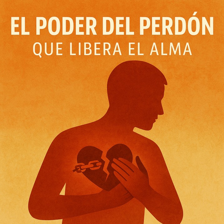 Silueta de una persona con un corazón roto y una cadena rota, simbolizando el poder del perdón que libera el alma.