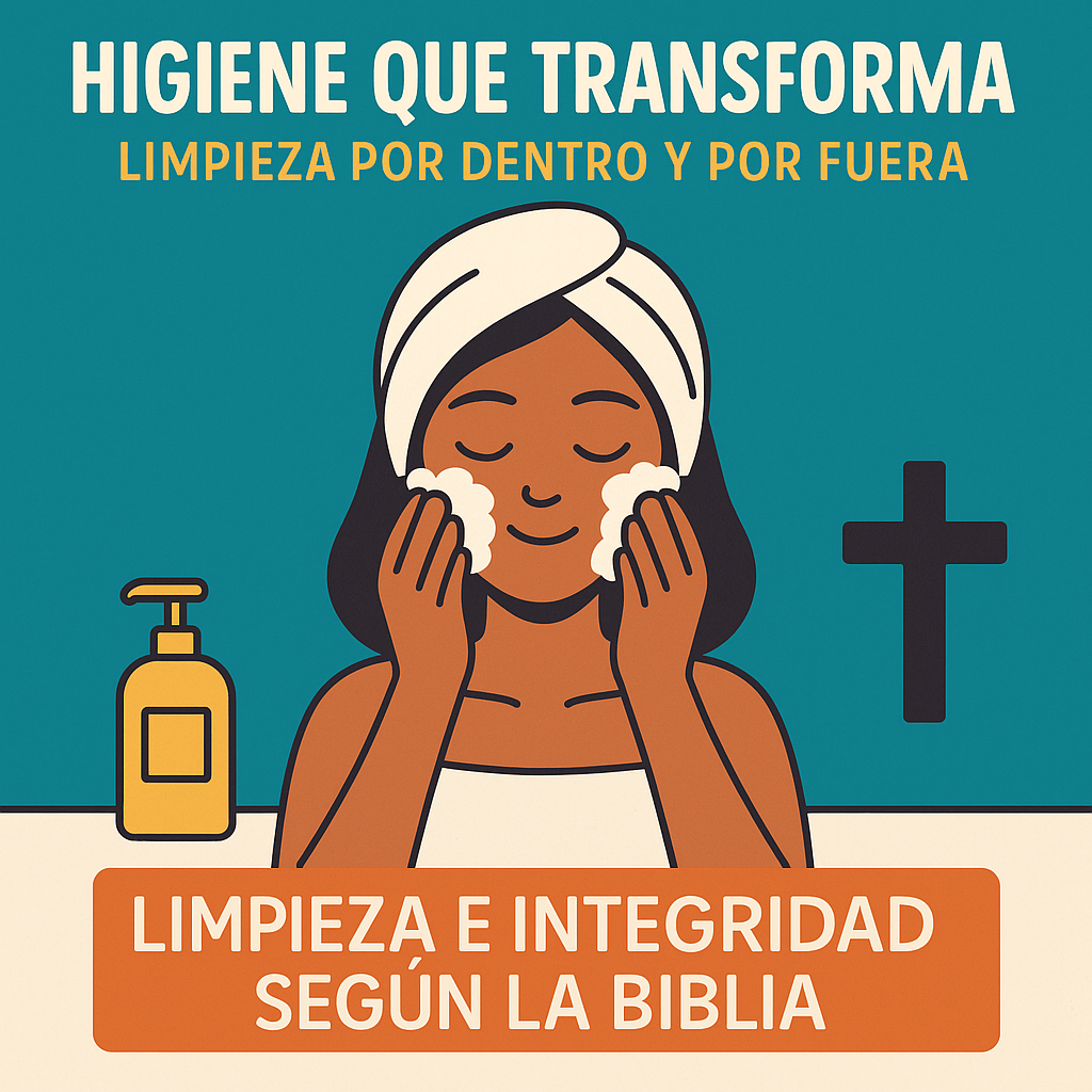 Mujer lavándose la cara con jabón mientras medita, con una cruz cristiana al fondo.