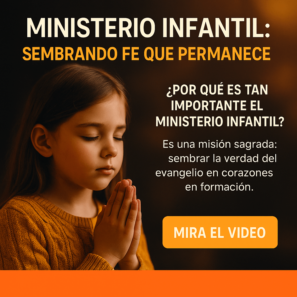 Niña orando con los ojos cerrados, con suéter amarillo mostaza, en fondo cálido con texto sobre el ministerio infantil.