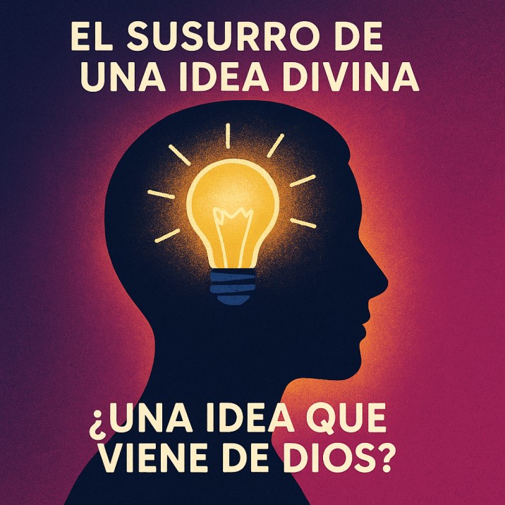 Silueta de una cabeza con una bombilla iluminada dentro, simbolizando inspiración divina, sobre un fondo degradado púrpura-magenta.