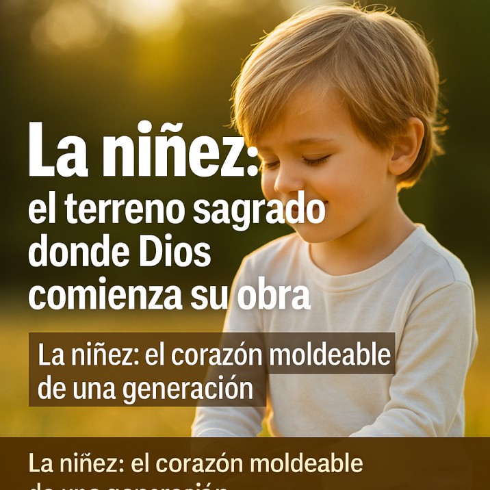 Niño sonriente al atardecer con texto espiritual sobre la niñez.