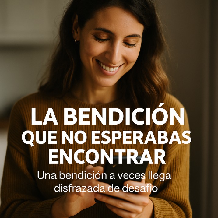 Mujer sonriente mirando su teléfono, con texto en español que dice "La bendición que no esperabas encontrar. Una bendición a veces llega disfrazada de desafío".