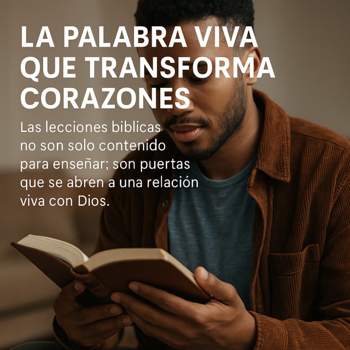 Joven leyendo la Biblia con atención, acompañado de texto en español que resalta el poder transformador de la Palabra de Dios.