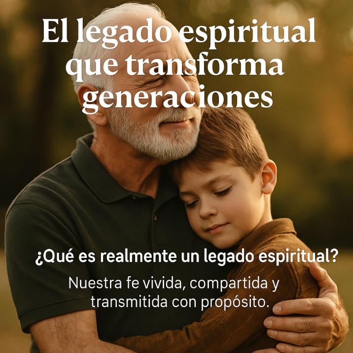 Abuelo abrazando a su nieto en un atardecer cálido, representando el legado espiritual entre generaciones.