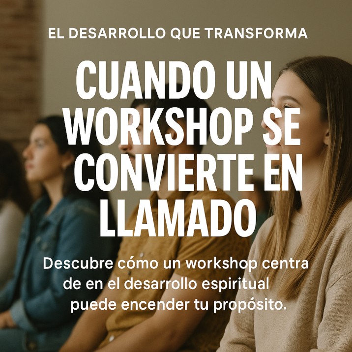 Personas sentadas atentas en un workshop espiritual, con texto: “Cuando un workshop se convierte en llamado”.