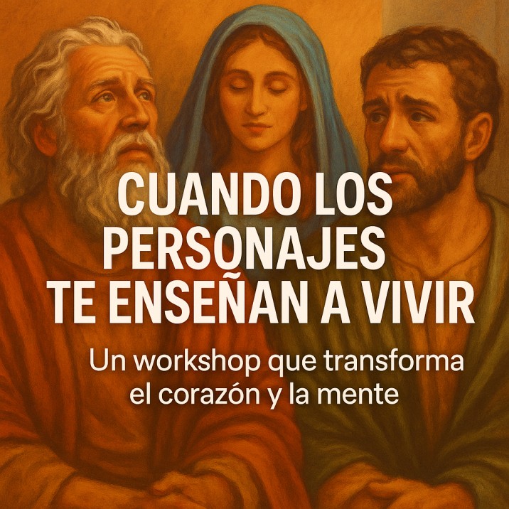 Tres personajes bíblicos representados con expresiones reflexivas, junto al texto "CUANDO LOS PERSONAJES TE ENSEÑAN A VIVIR".
