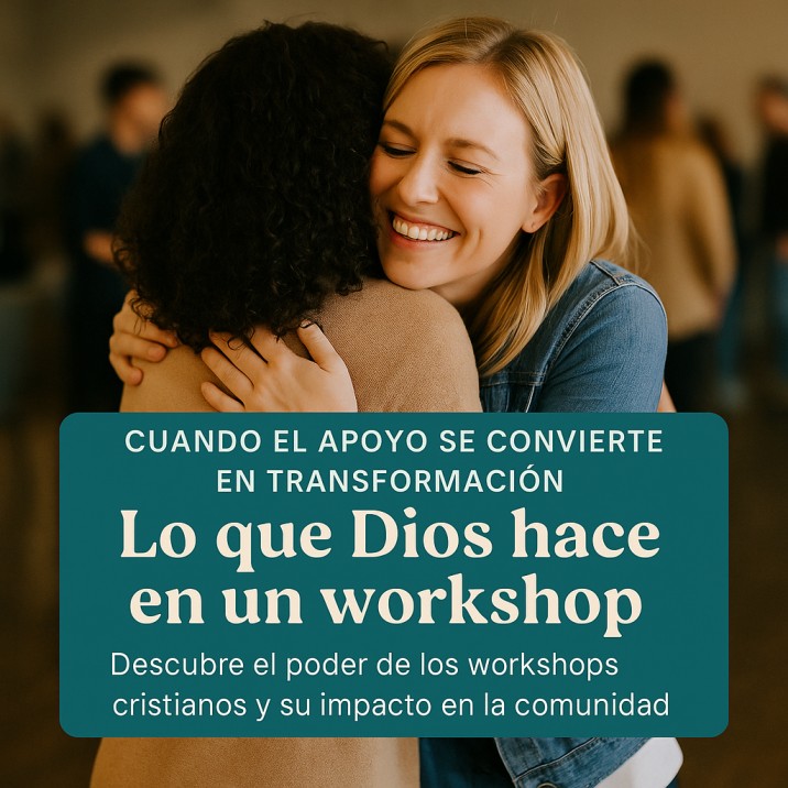Dos mujeres abrazándose con alegría en un entorno de comunidad cristiana.