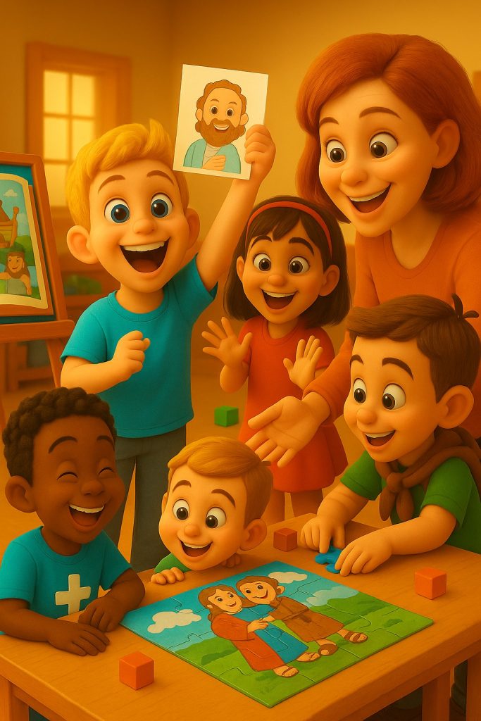 Niños interactuando con juegos, para así mismos aprender de las historias de biblia por medio de dinámicas