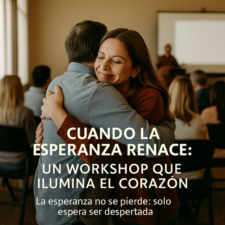 Mujer abrazando con alegría a un hombre en un workshop cristiano, con texto en español que dice “Cuando la esperanza renace: Un workshop que ilumina el corazón. La esperanza no se pierde: solo espera ser despertada.”