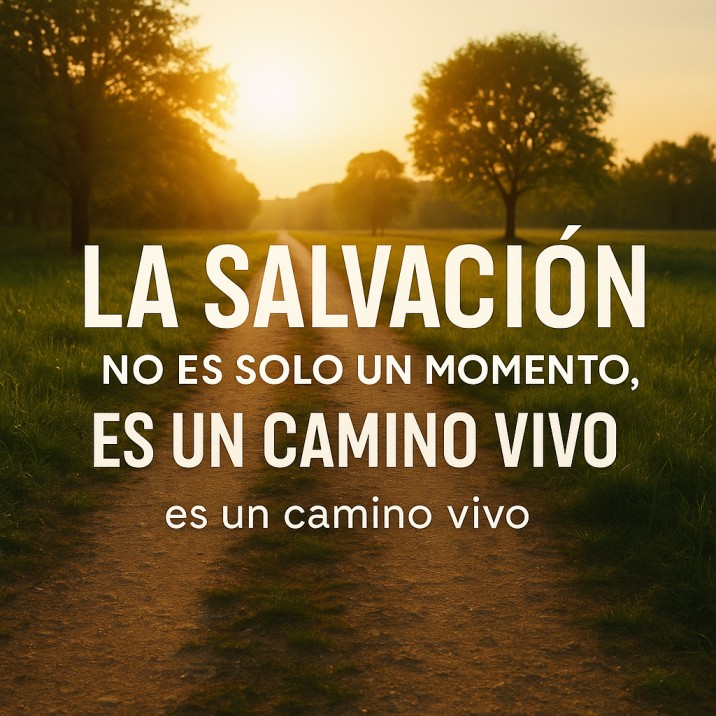 Sendero iluminado por el sol al amanecer que simboliza el camino de la salvación, con texto que dice “La salvación no es solo un momento, es un camino vivo”.