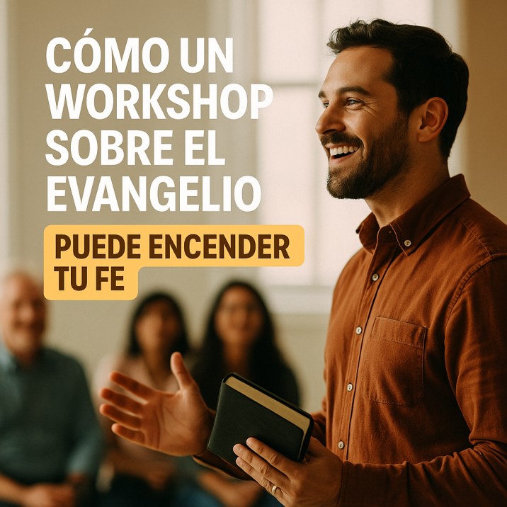 Hombre sonriente sosteniendo una Biblia mientras enseña en un workshop del Evangelio, con asistentes al fondo y texto que dice “Cómo un workshop sobre el Evangelio puede encender tu fe”.