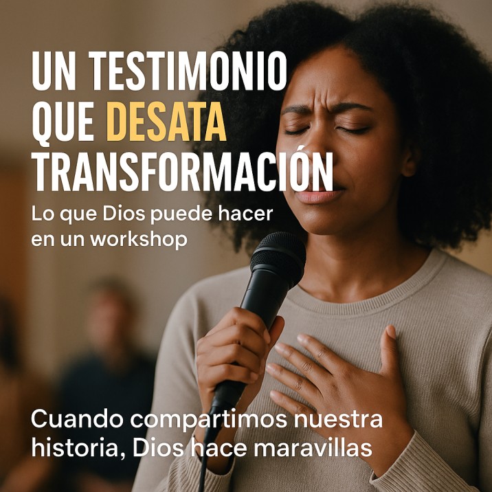 Mujer joven con los ojos cerrados mientras comparte un testimonio con un micrófono en la mano, acompañada de texto en español sobre el poder transformador de un testimonio en un workshop cristiano.