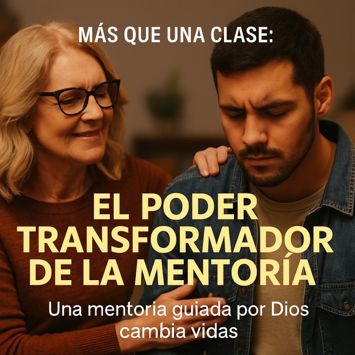 Mentora mayor colocando su mano en el hombro de un joven durante un momento de guía espiritual, acompañado de texto en español que destaca el poder transformador de la mentoría en un workshop cristiano.