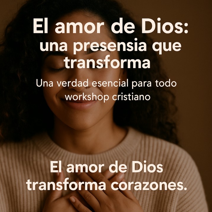 Mujer joven con ojos cerrados y la mano sobre el pecho, reflejando paz mientras el texto en español declara que el amor de Dios es una presencia transformadora.