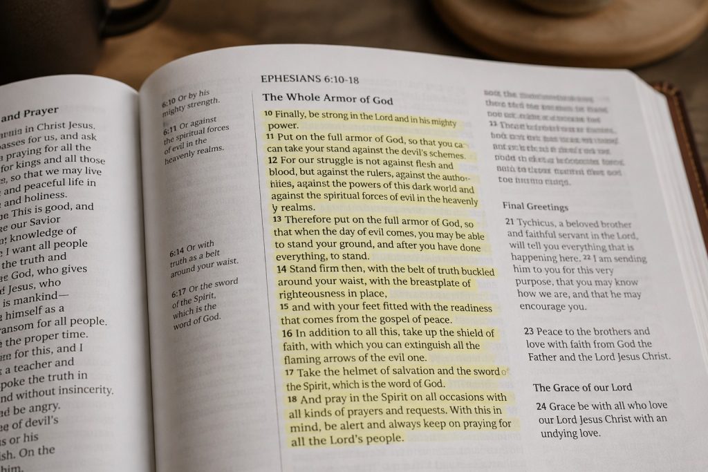 Open Bible highlighting Ephesians 6:10-18 about the whole Armor of God.