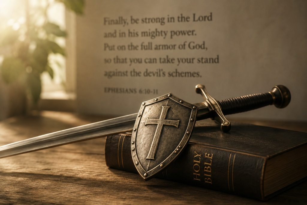 Sword and shield with a cross resting on a Holy Bible beside a scripture about the Armor of God.