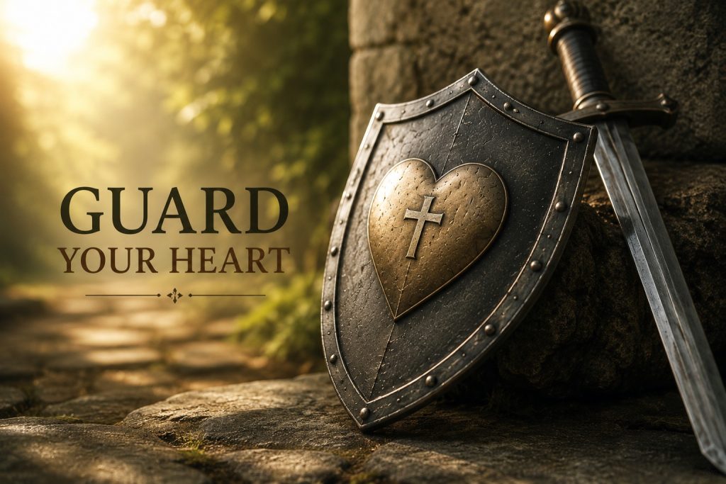 Shield with a heart and cross emblem beside a sword in a forest setting with the words “Guard Your Heart.”