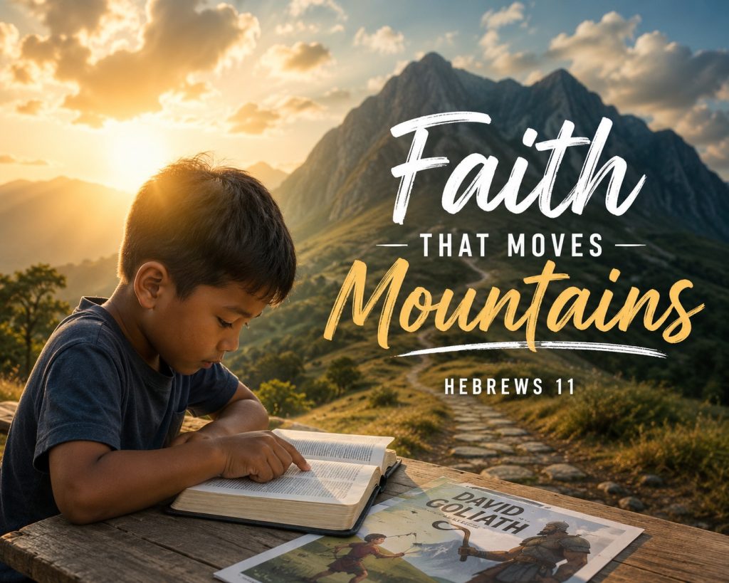 Young boy reading a Bible outdoors with mountains in the background and the words “Faith That Moves Mountains.”