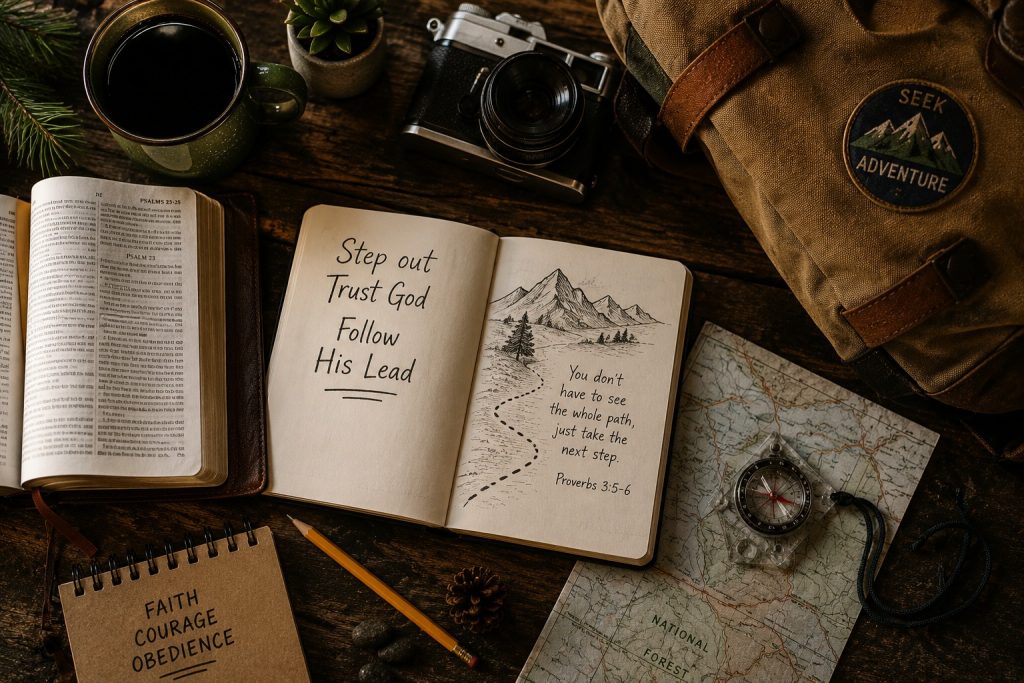 An open Bible next to an adventure travel journal filled with inspiring faith quotes, a compass, a vintage camera, and a backpack on a wooden surface.