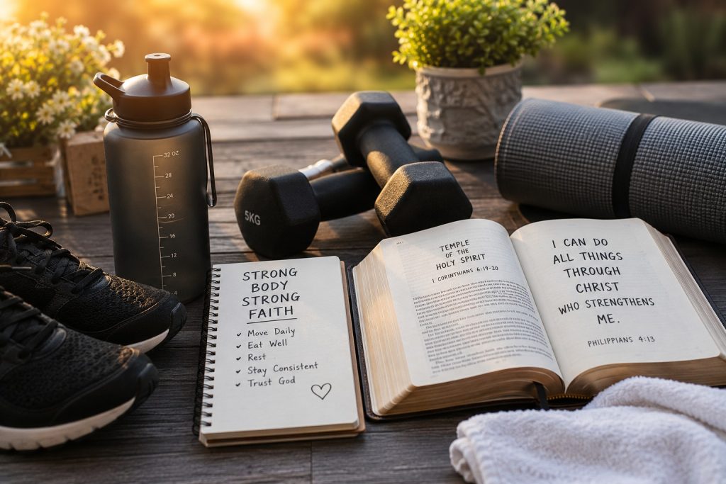 An open Bible displaying Philippians 4:13 next to a fitness journal, dumbbells, running shoes, and a water bottle on a wooden floor.
