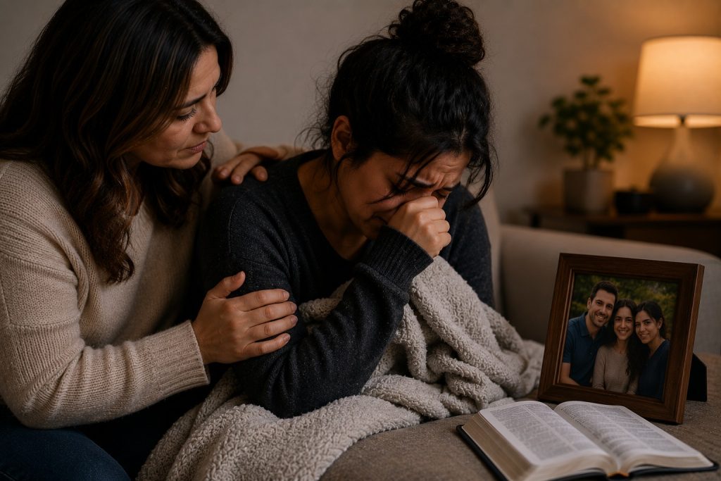 A woman gently consoling a crying friend on a couch next to an open Bible and a framed family photo.