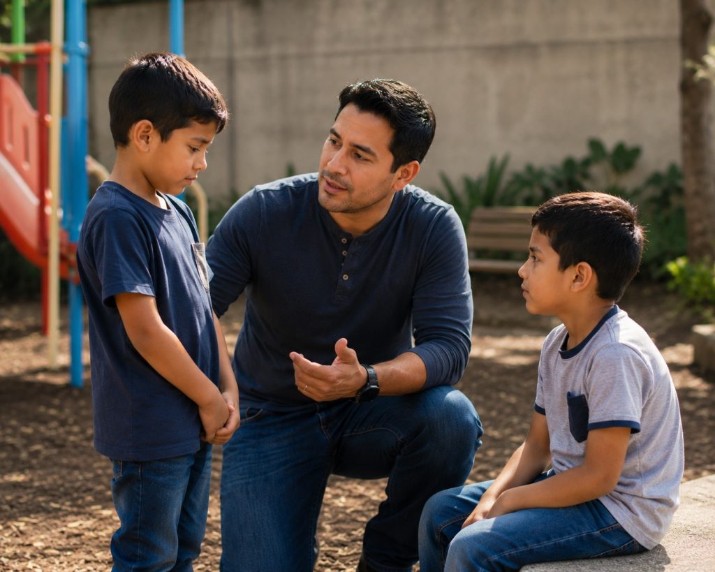 A father kneeling on an outdoor playground, gently talking to and comforting his sad young son while another boy sits nearby.