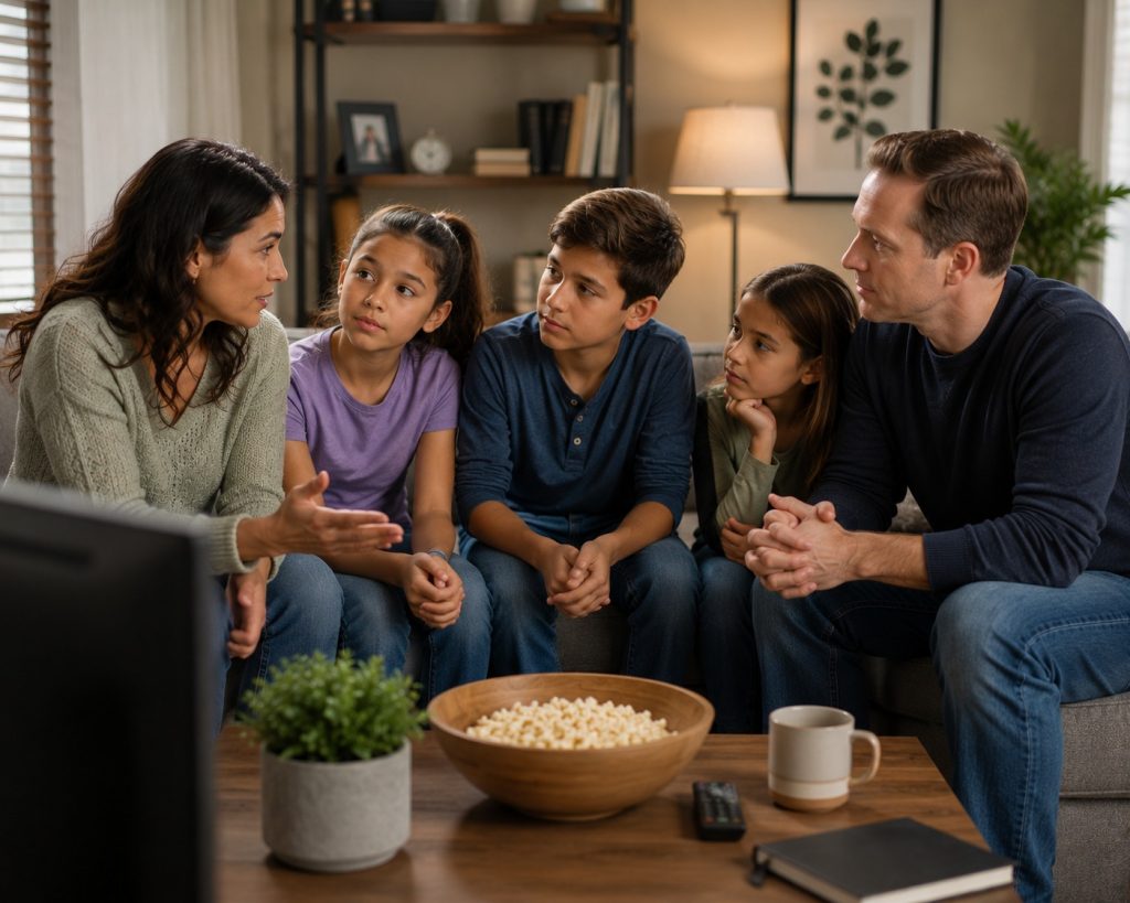 A mother and father sitting on a living room couch, having an open and intentional discussion with their three children.