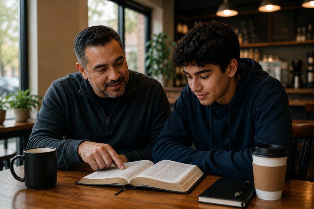 A father or mentor sitting at a table with an open Bible, pointing to a scripture passage while teaching a young boy.