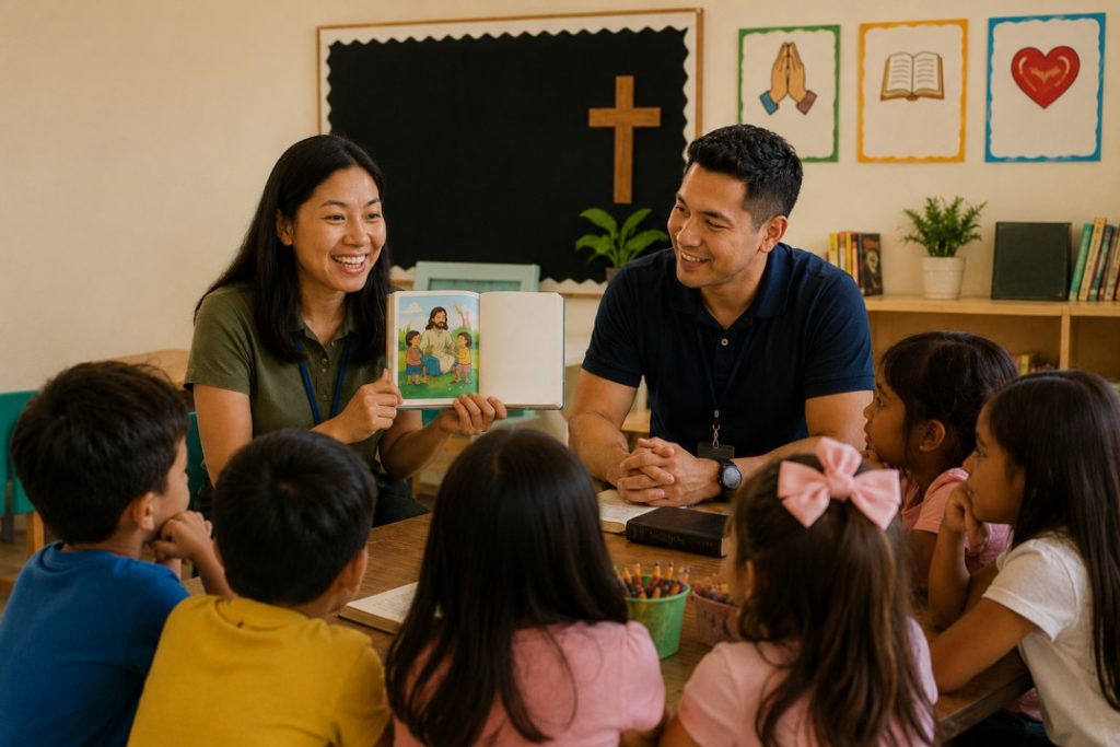 A smiling female leader sitting at a table with young children, holding an open Bible and teaching a spiritual formation lesson.