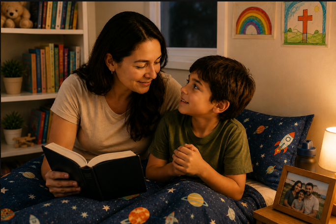 A mother sitting on a couch reading an open Bible to her young son in a warm home setting.